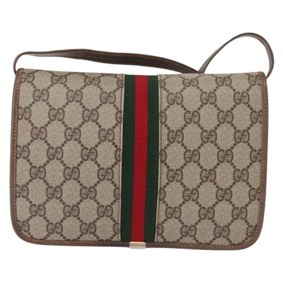 GUCCI GG Supreme Web Sherry Line Shoulder Bag PVC Beige Gold Auth 155593 - Picture 3 of 16